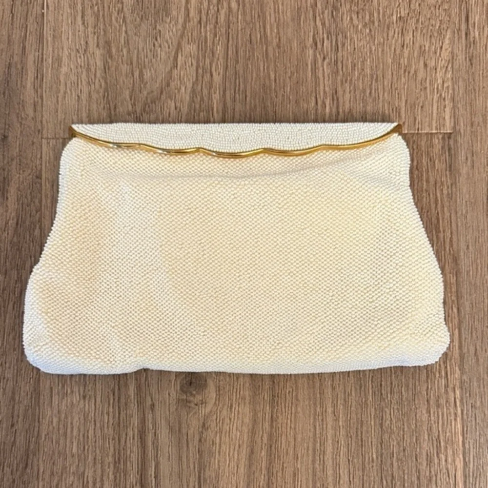 Vntg magid hand beaded made in France Cream wedding Clutch with Gold Trim